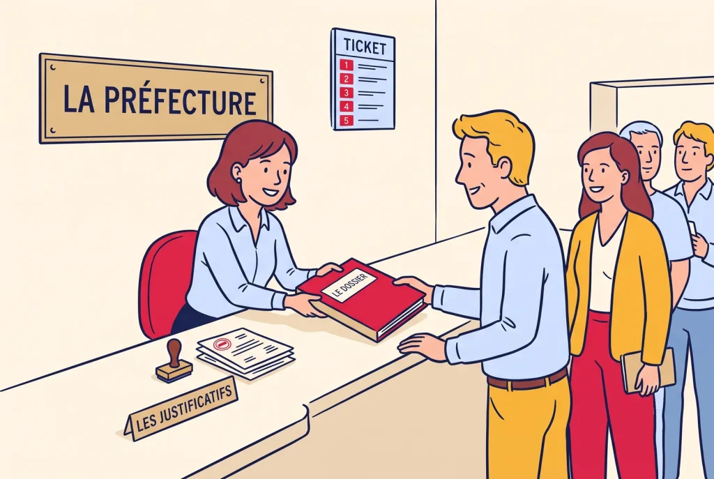 French administrative vocabulary guide: a prefecture clerk handing back a complete dossier to an English-speaking applicant