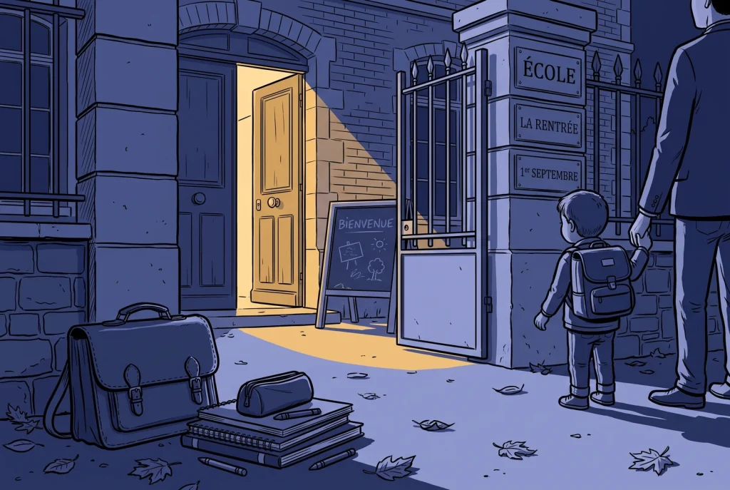 A child with a backpack at a lit school gate at dawn, engraved plaques reading École, La Rentrée and 1er septembre