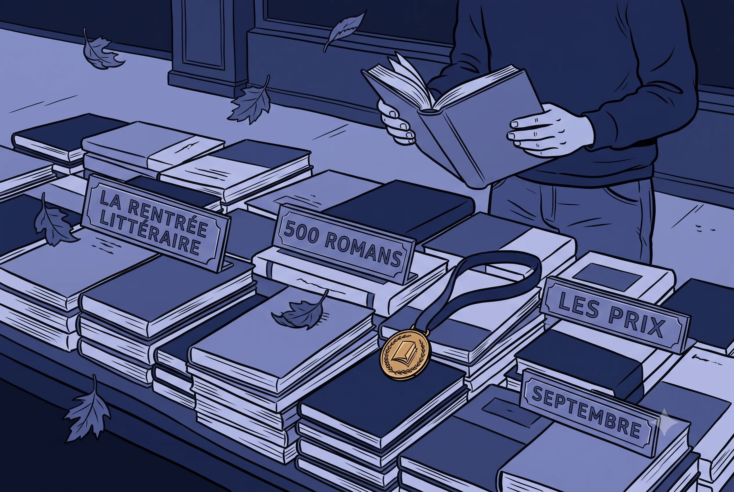 A Paris bookshop table piled with new novels for the rentrée littéraire with a gold literary prize medal