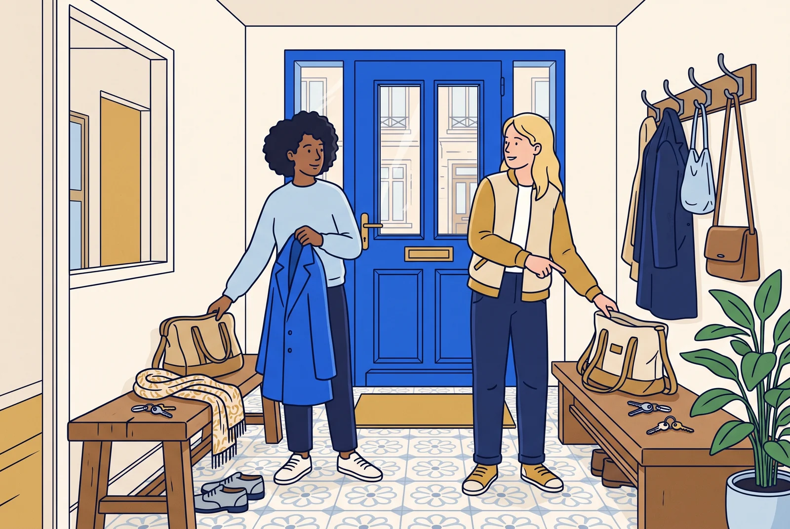 Two housemates identify their coats, bags and keys in an apartment entrance.