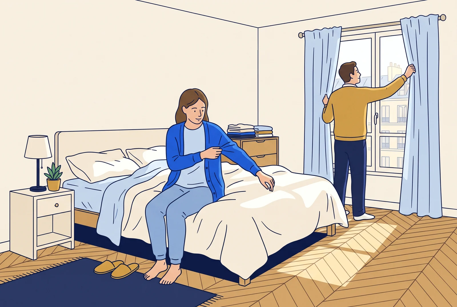 A woman puts on a cardigan while her partner opens the bedroom curtains.