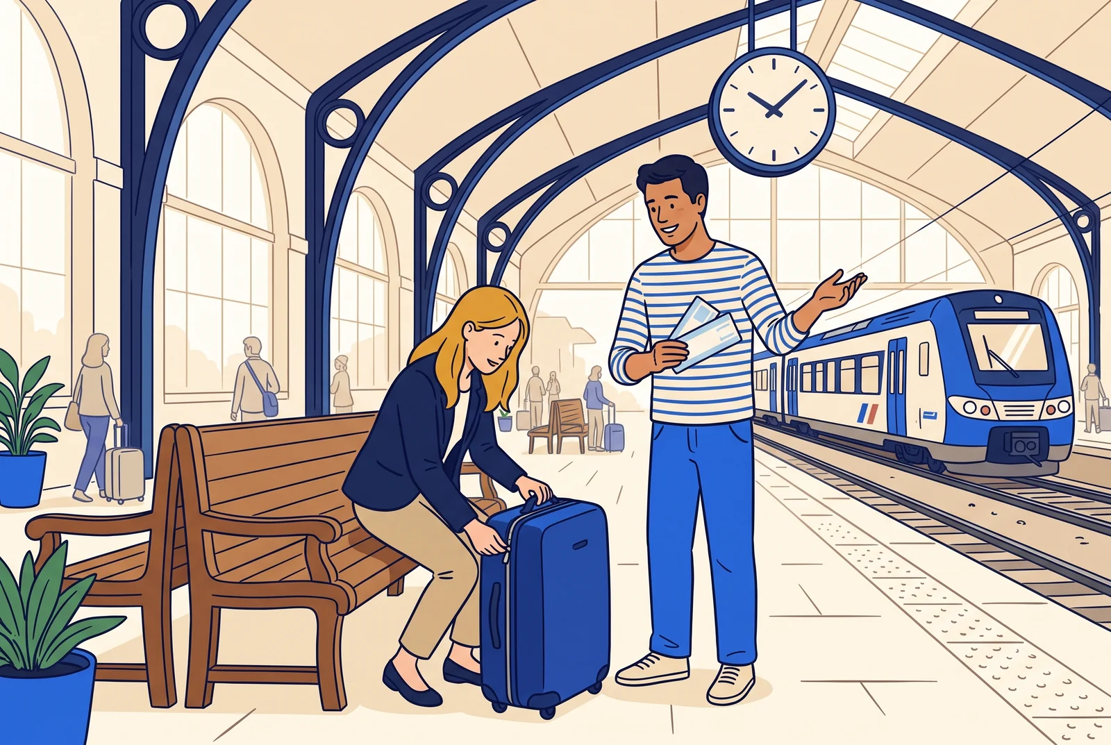 Two travellers prepare their tickets and suitcase beside a train.