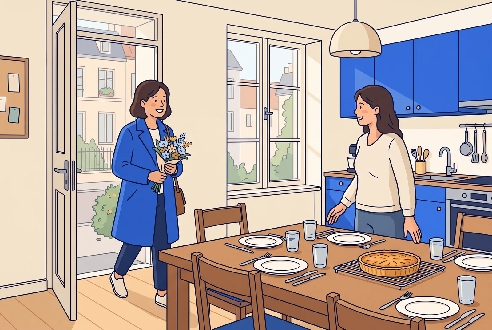 A guest arrives with flowers after the host has prepared dinner.