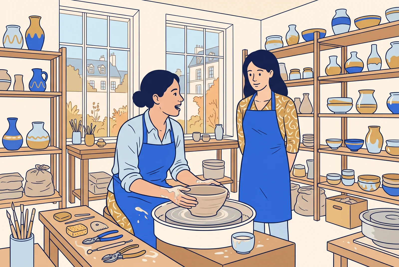 A potter explains her technique while shaping a bowl in a studio.