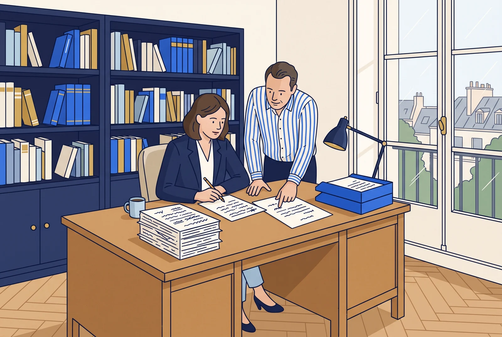 Two editors revise a manuscript in a publishing office.