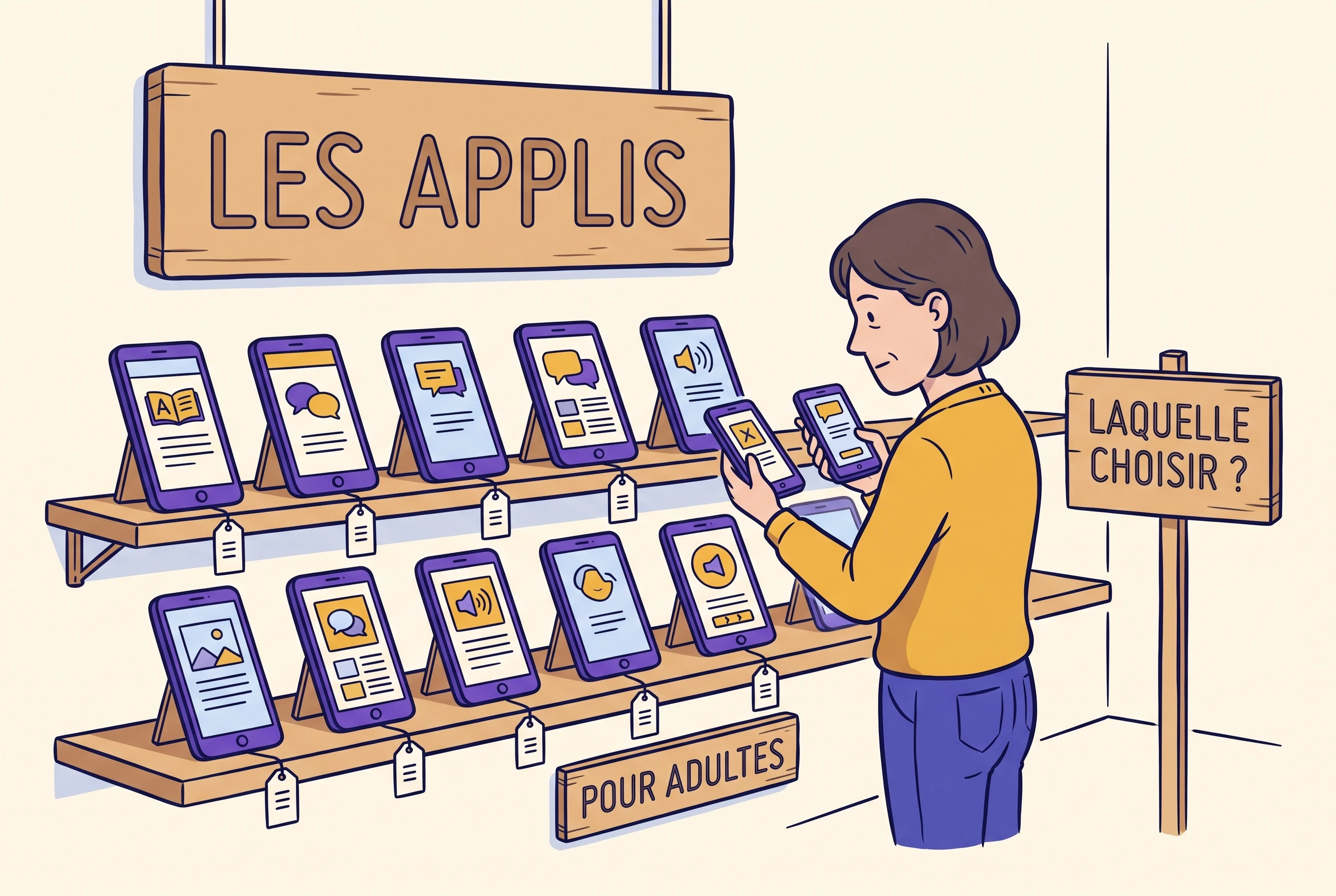 A row of language-app phone screens lined up on a shelf while an adult learner weighs two of them.