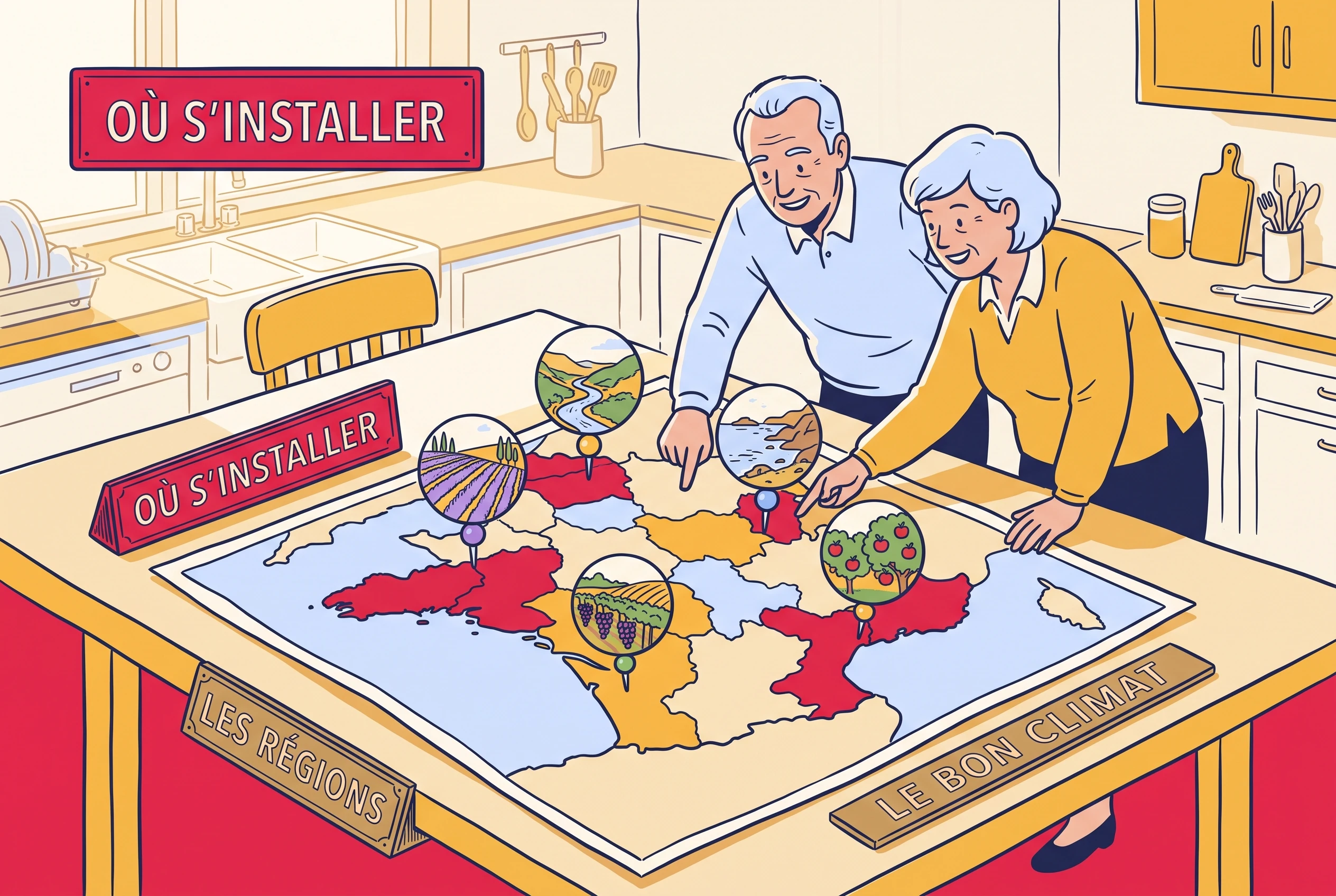 A large map of France on a table with several regions pinned, a retired couple comparing them.