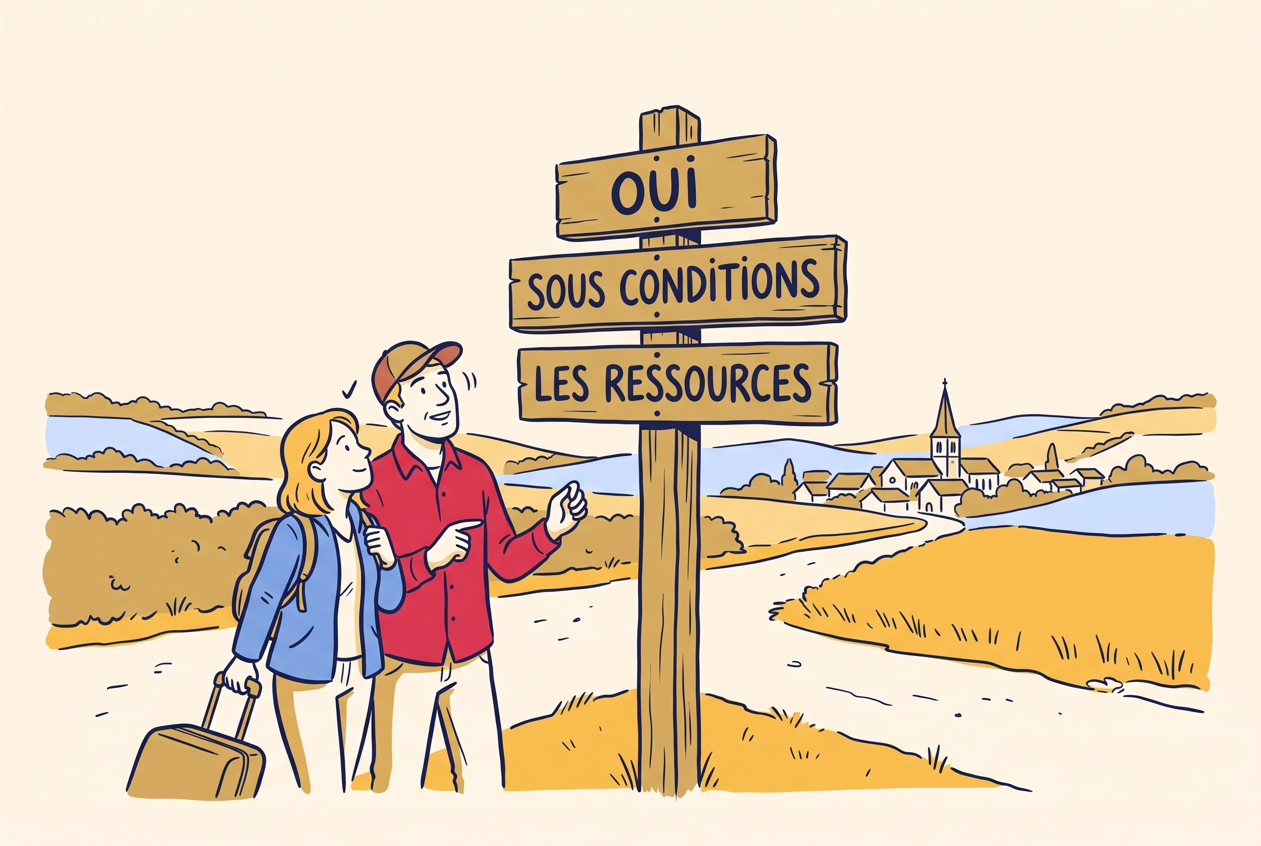 A large wooden signpost reading OUI, with the conditions listed on smaller boards beneath it.