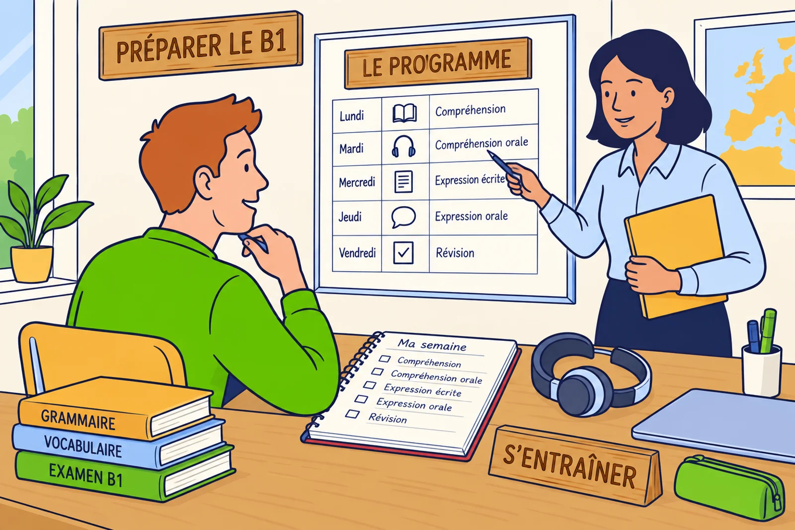 A French learner organises DELF B1 practice with a weekly board and notebooks.