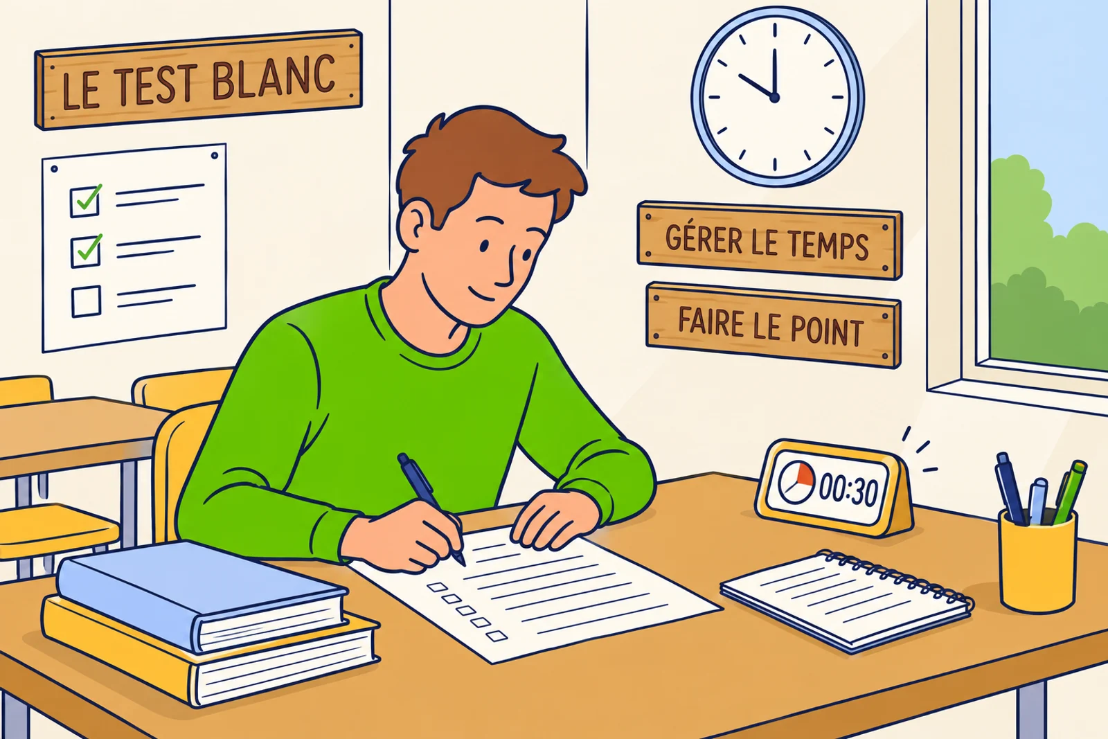 A learner works through a timed practice paper at a quiet exam desk.