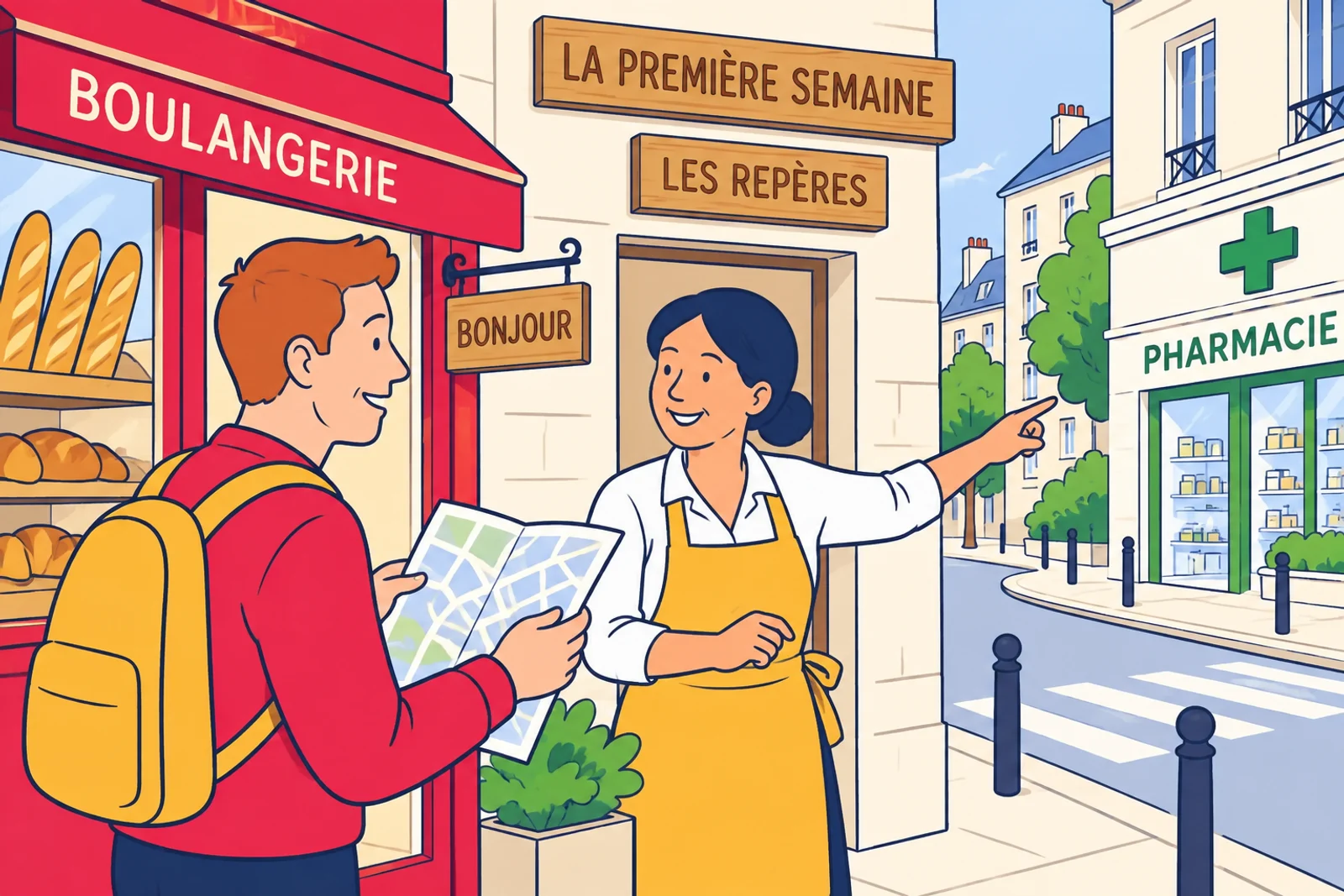 A newcomer plans the first week in a French neighbourhood with a map and notebook.