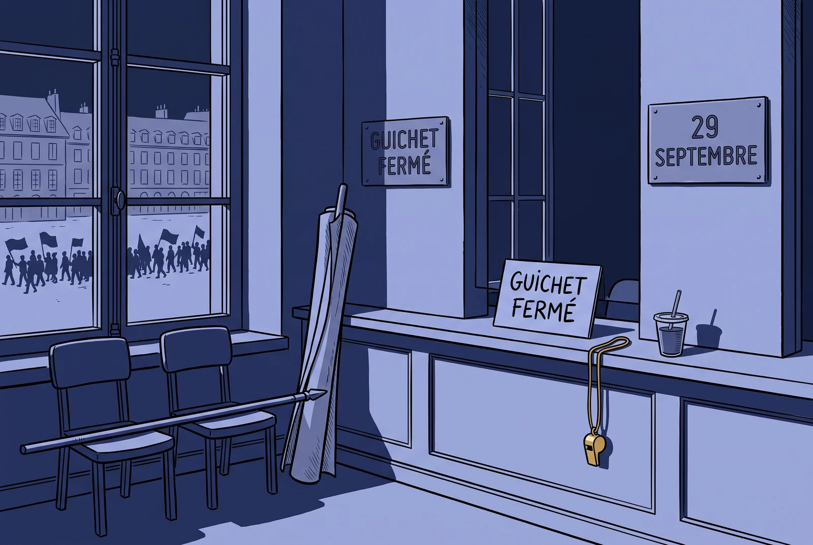 Navy monochrome illustration of a closed French administration counter with a rolled union banner, the public sector strike of 29 September 2026.