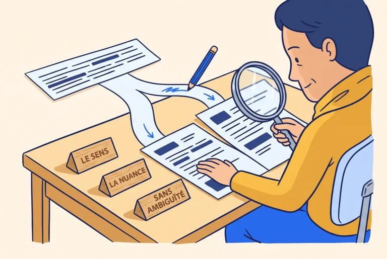 An editor comparing two readings of a paragraph and marking the intended meaning with a blue pencil.