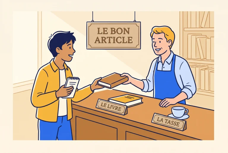 A bookseller and learner beside a book labelled le livre and a cup labelled la tasse.