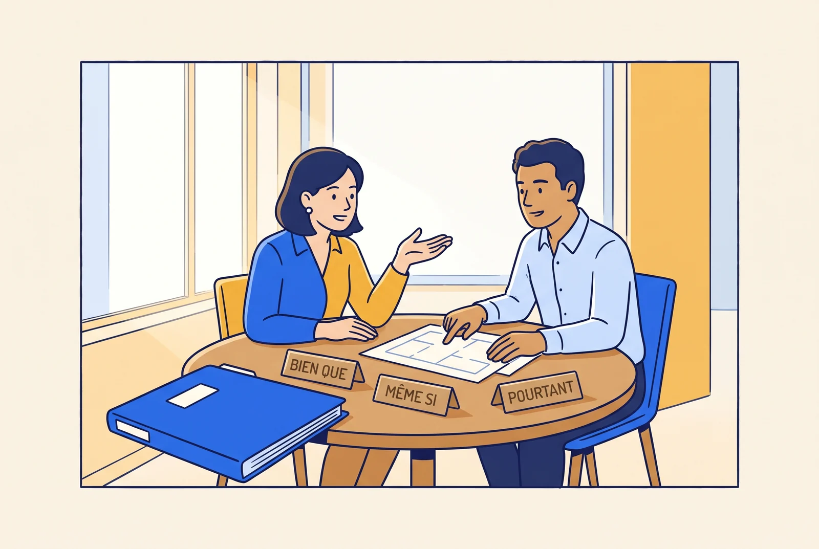 Two colleagues discussing a proposal with cards labelled bien que, même si and pourtant.