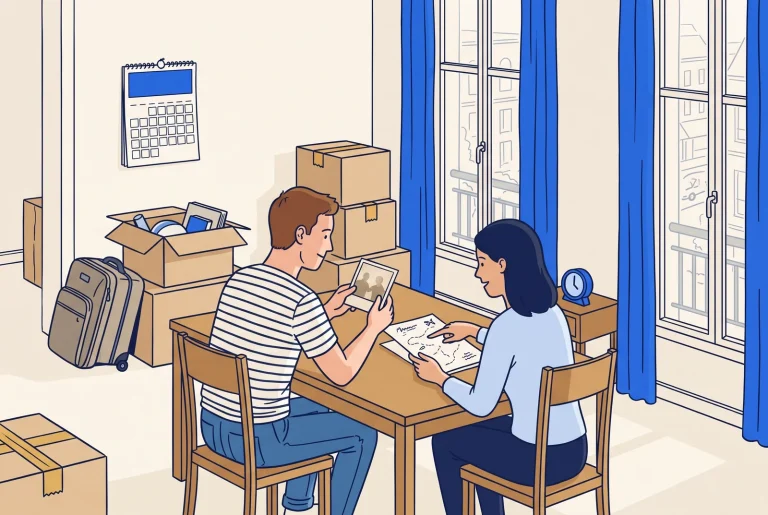 Two friends compare a photograph and travel plans beside moving boxes and a calendar.