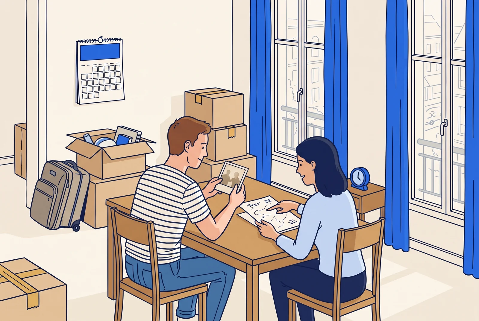 Two friends compare a photograph and travel plans beside moving boxes and a calendar.