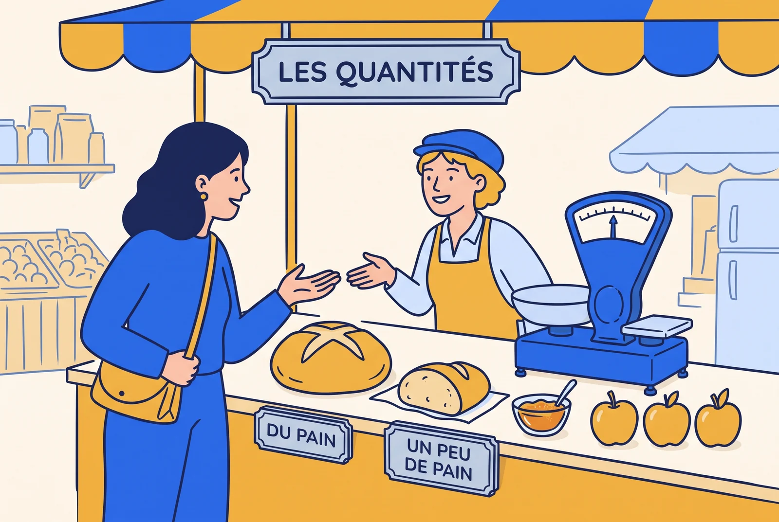 A market counter with bread, jam, apples and a scale illustrating French quantities.