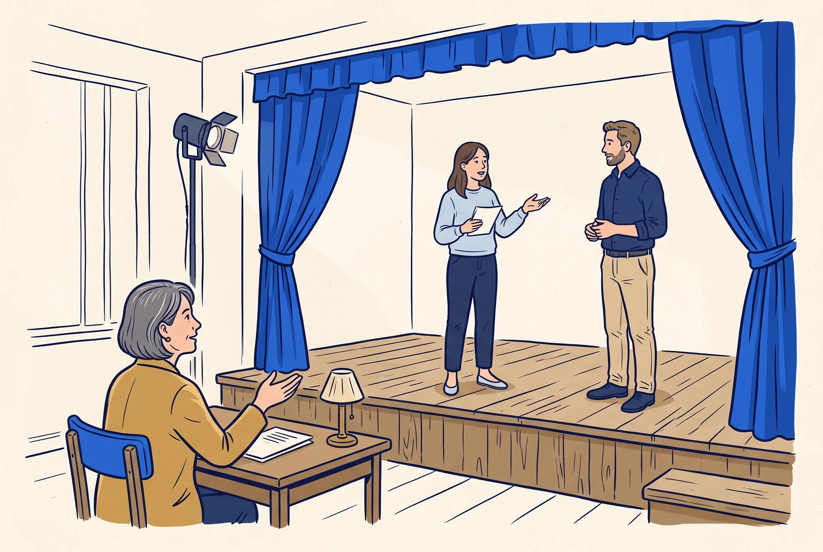 Two speakers rehearse on a small stage while a director guides the discussion.