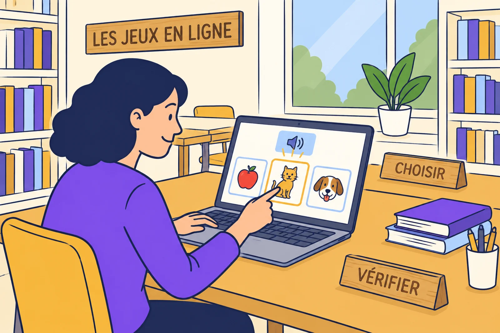 Two learners practise a French game on a laptop at a desk.