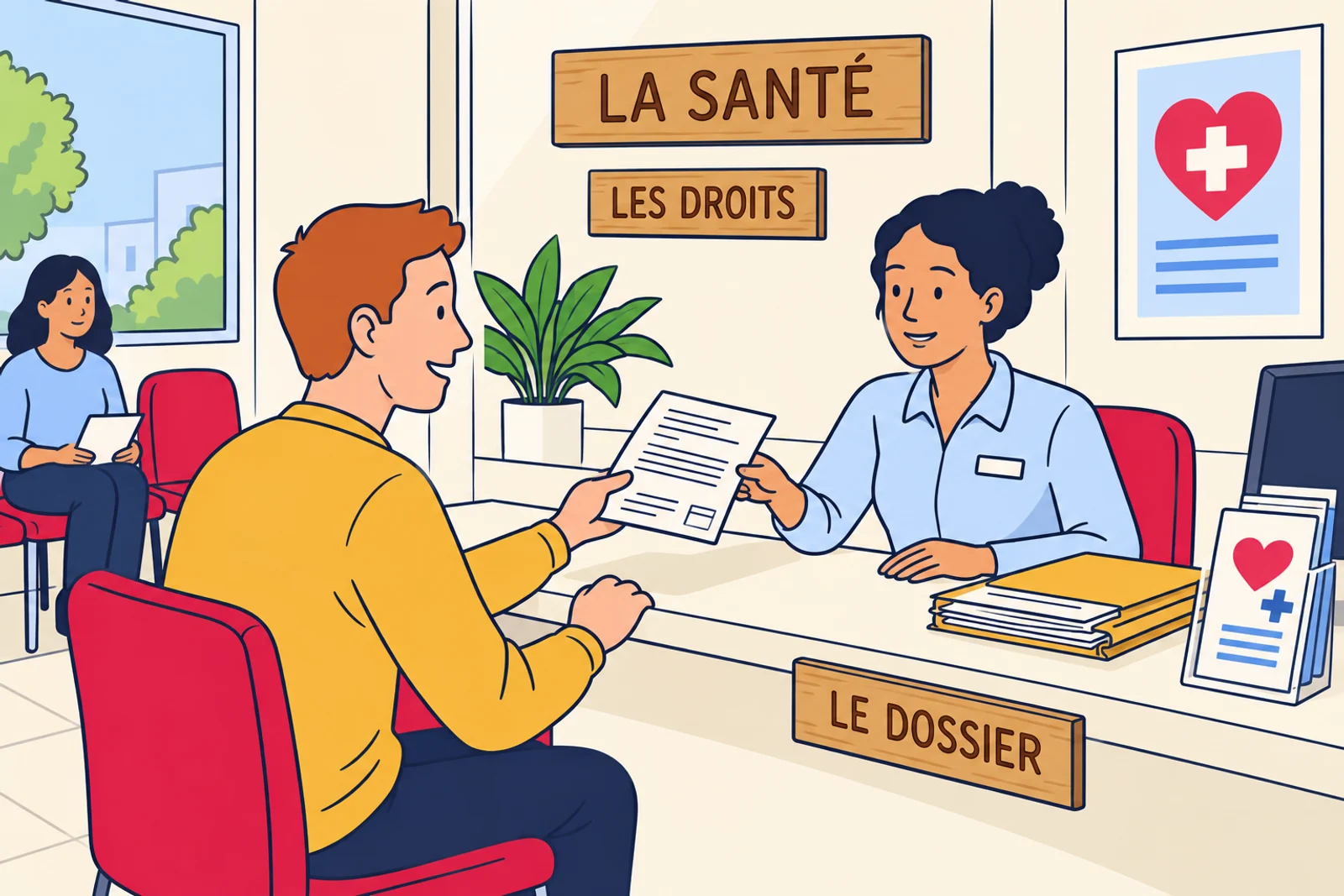 A newcomer discusses health cover and paperwork with an adviser at a reception desk.