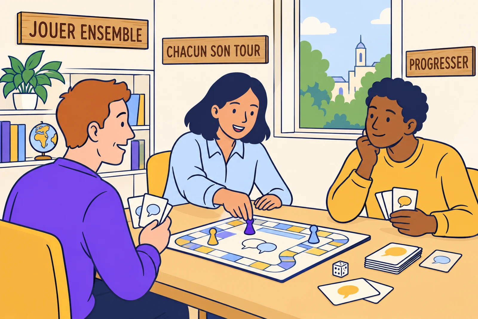 A group of adults practise French around a game table.