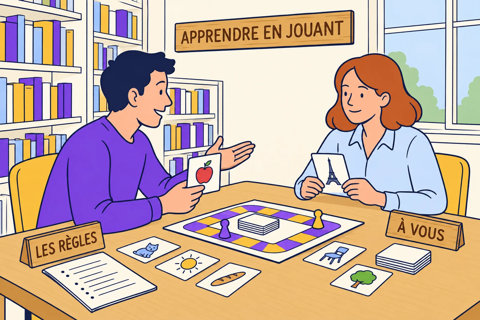 Adults practise French together with a board game and conversation cards.