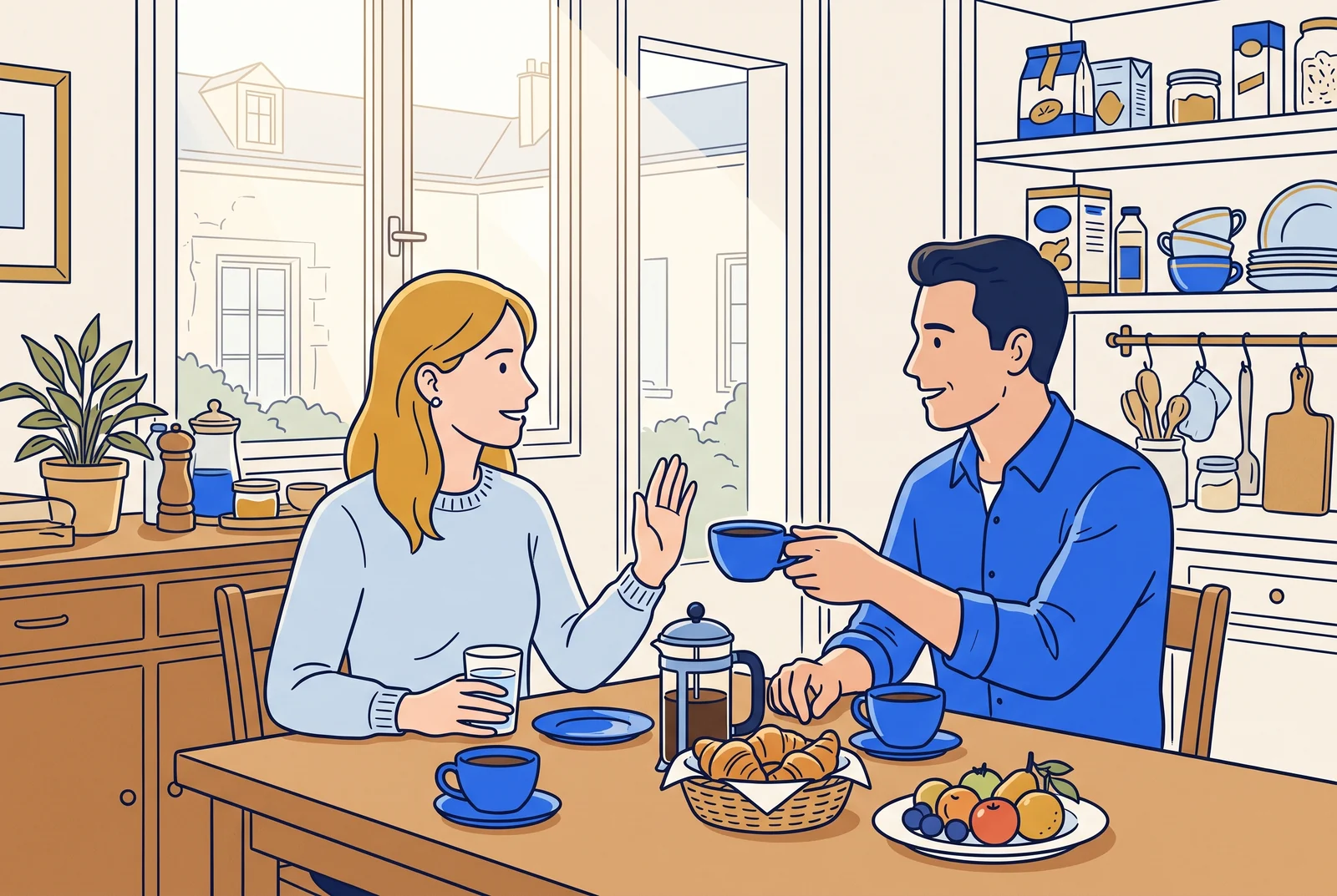 A woman declines more coffee while holding a glass of water at breakfast.