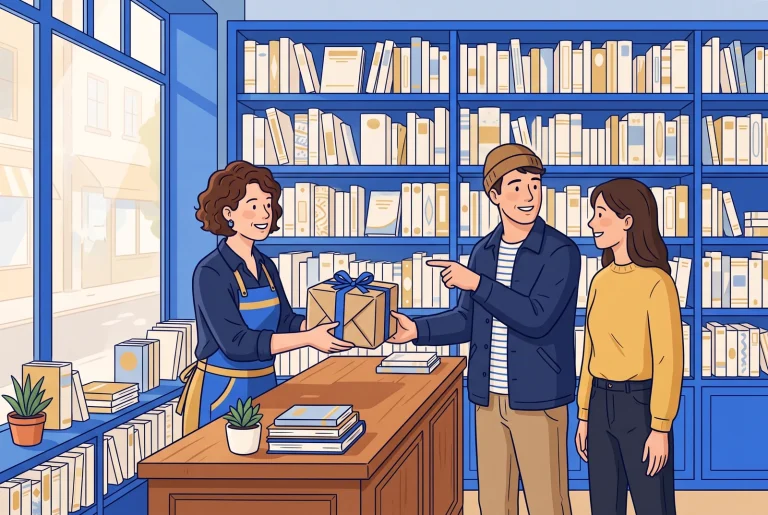 A bookseller hands a wrapped book to a customer beside a friend.