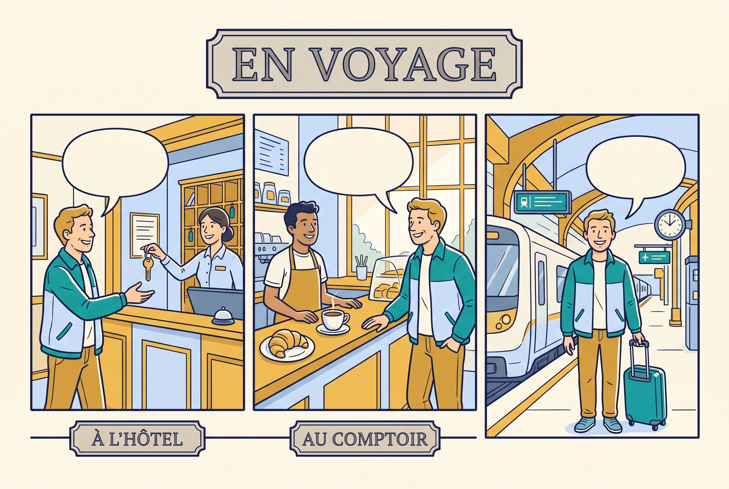 A traveller moving through a hotel desk, a café counter and a station platform, French speech bubbles above each.