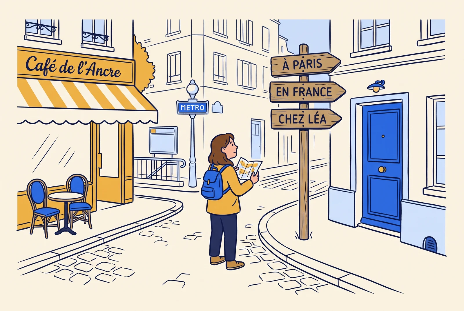 A traveller at a French street corner with signs reading à Paris, en France and chez Léa.