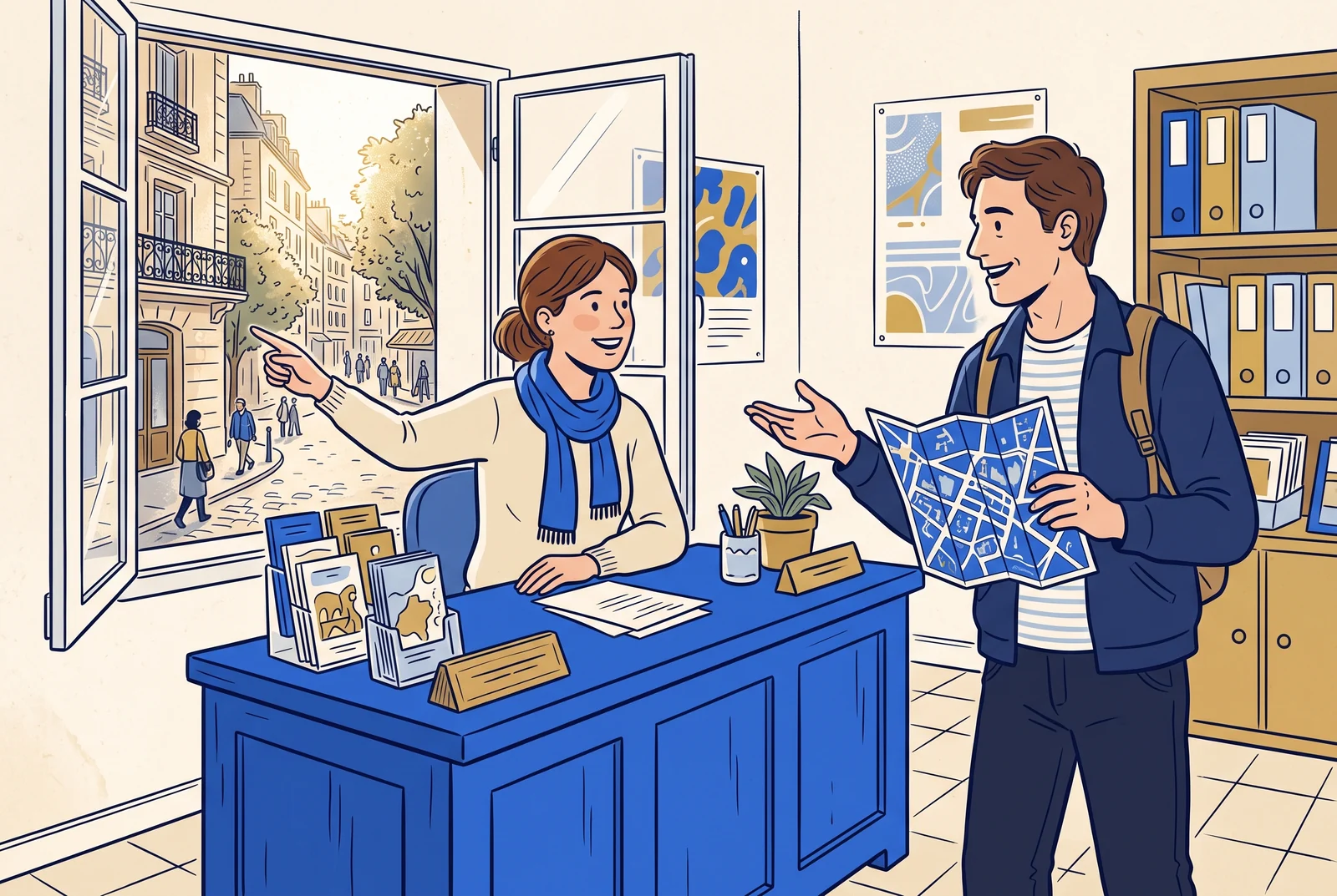 A traveller asks for directions at a neighbourhood information desk.