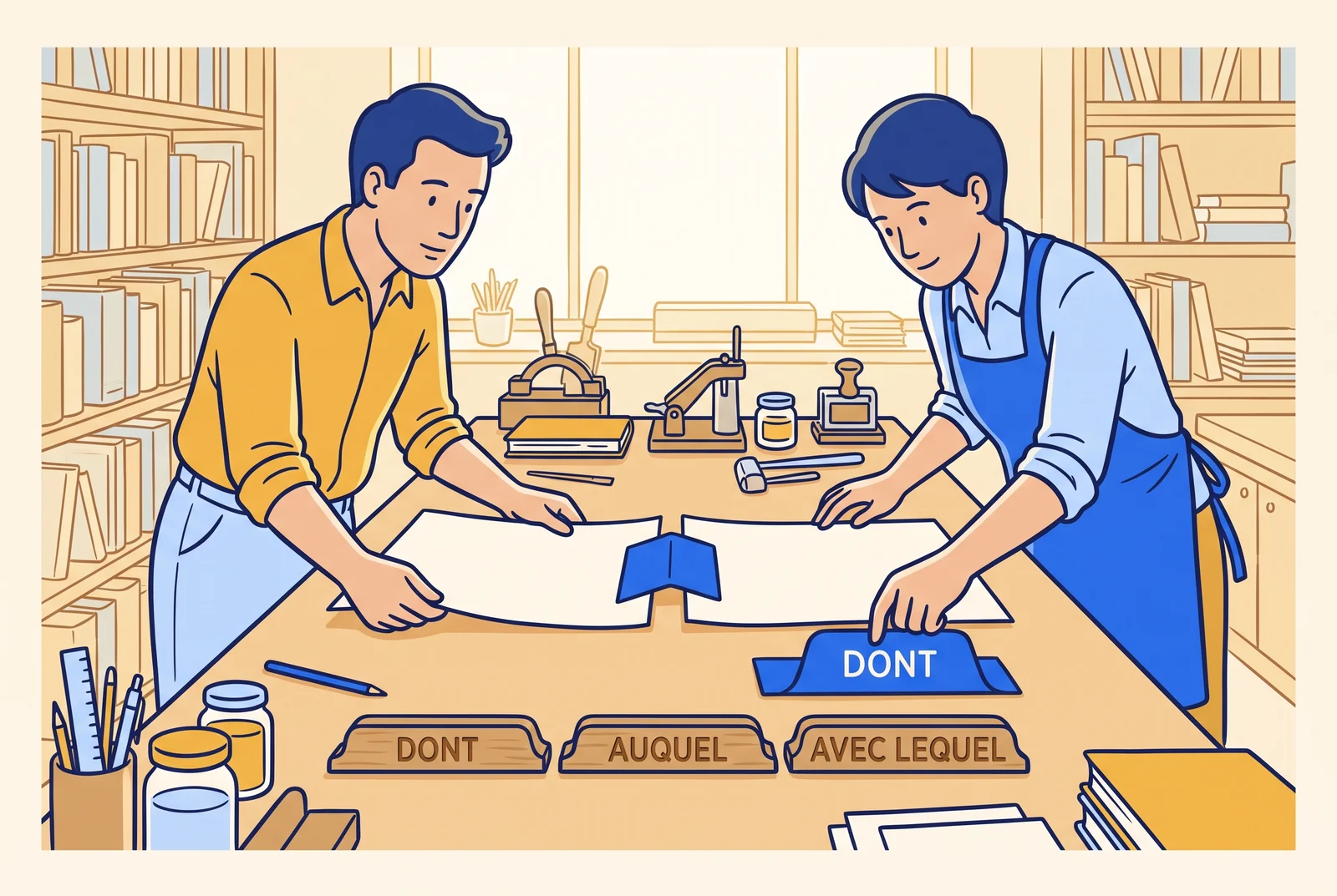 A writer and editor joining paper strips with tabs labelled dont, auquel and avec lequel.