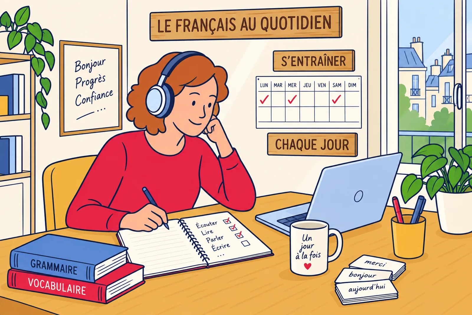 A learner practises French with a notebook and everyday objects at home.