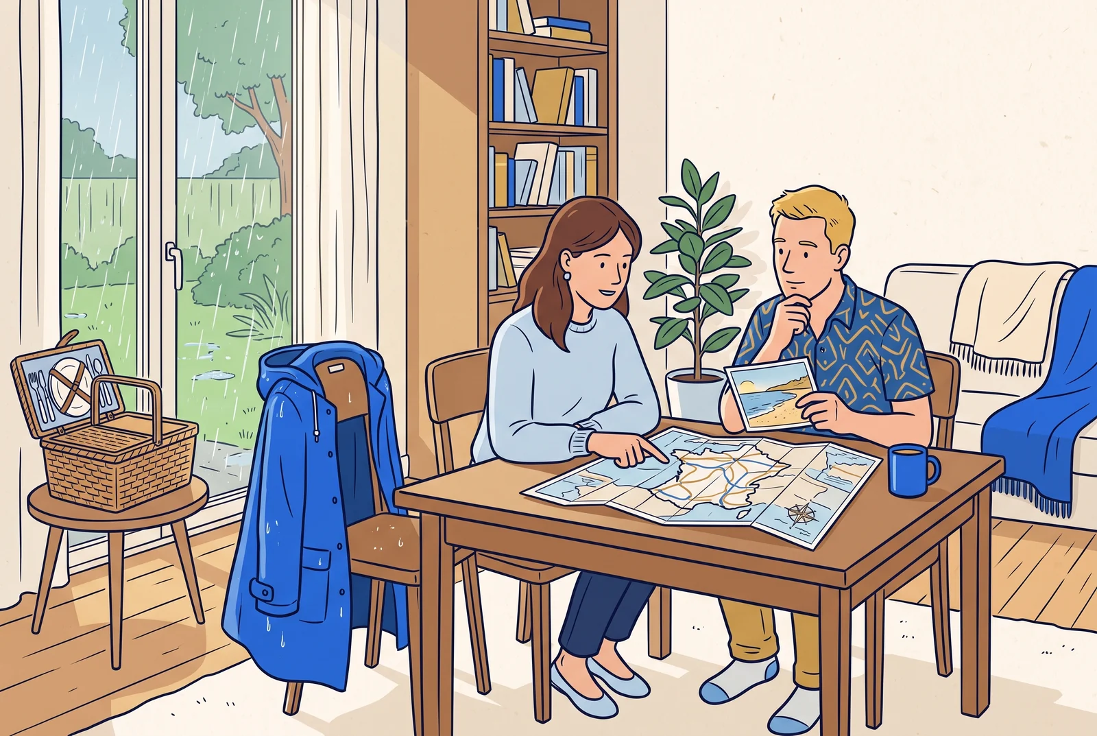 Two friends discuss an outing beside a rainy window, a picnic basket and a map.