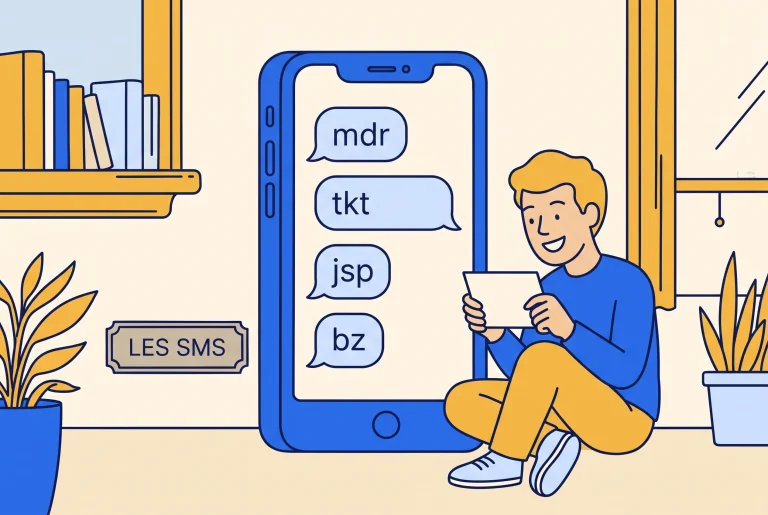 A large phone screen showing a French text conversation, with a reader decoding the abbreviations.