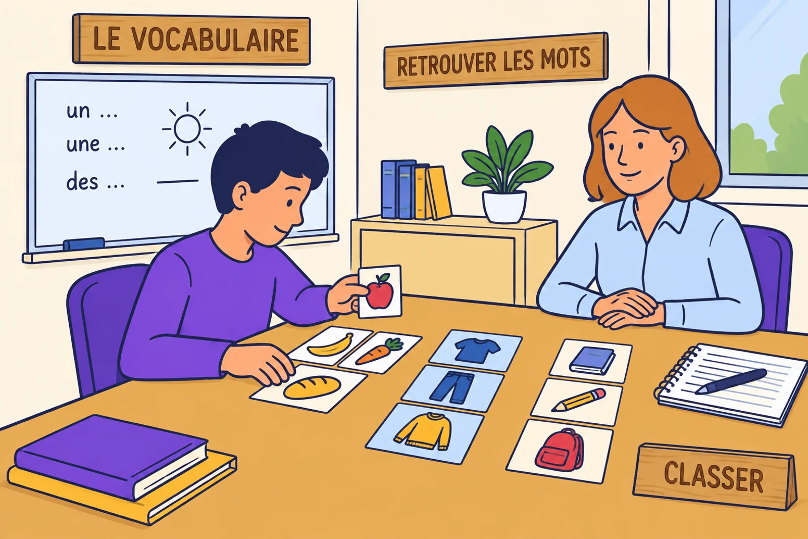 Two adults practise vocabulary using illustrated French cards.