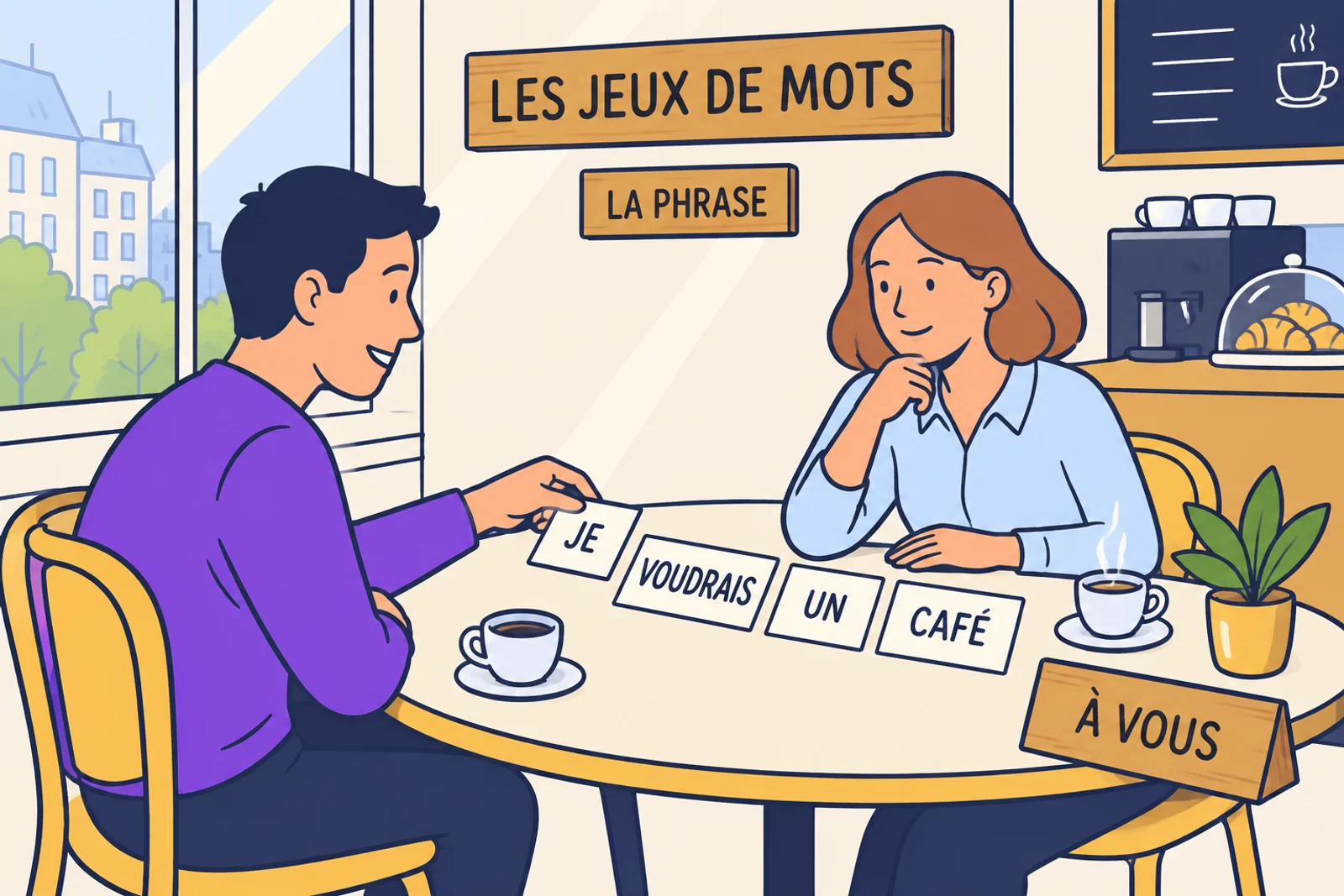 Adults arrange French word tiles into phrases at a shared table.