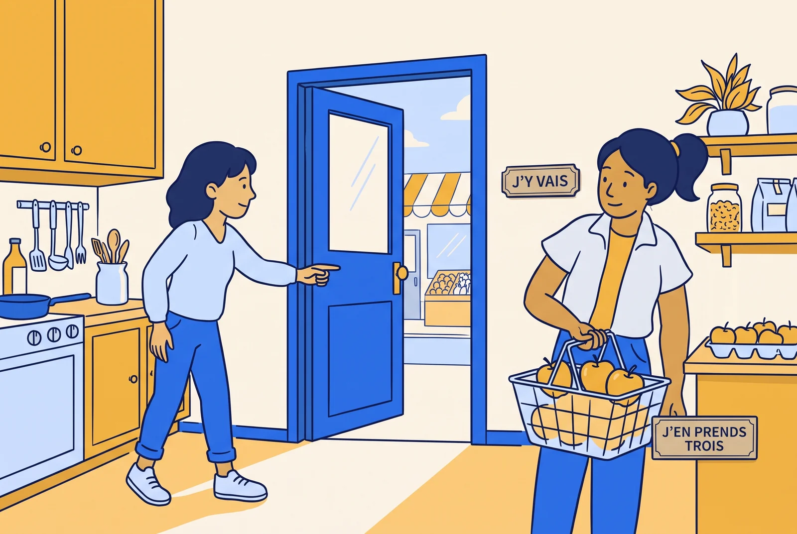 Two friends with an open doorway and a basket of apples, illustrating j’y vais and j’en prends trois.