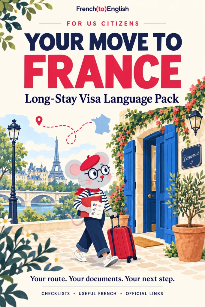 Long-Stay Visa Language Pack · US citizens — illustrated cover with Margaux