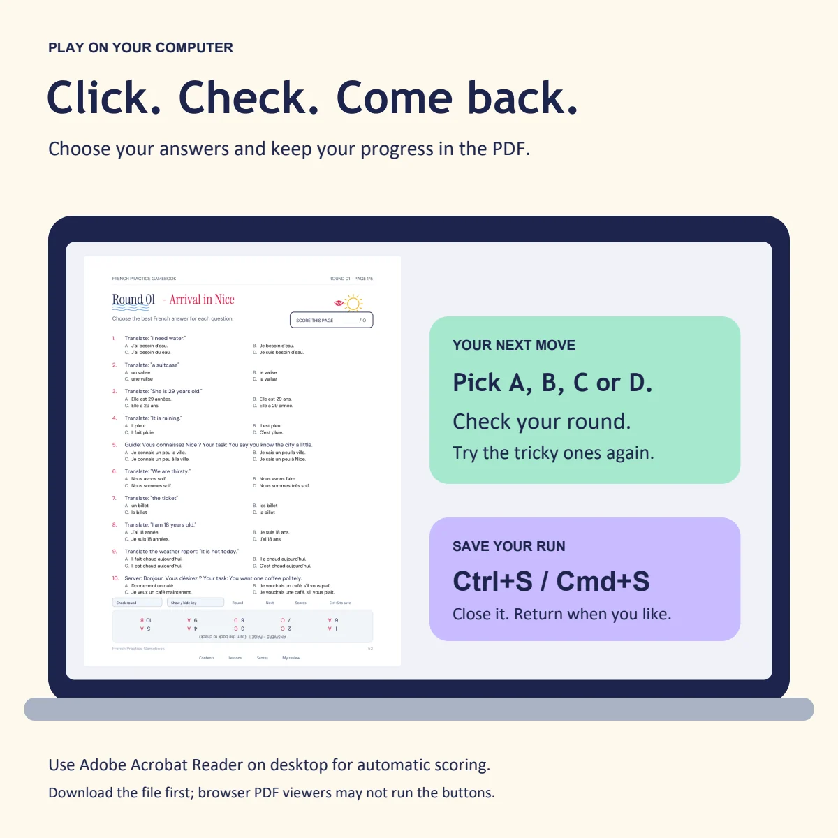 A real question page in the interactive PDF, with reminders to choose answers and save progress