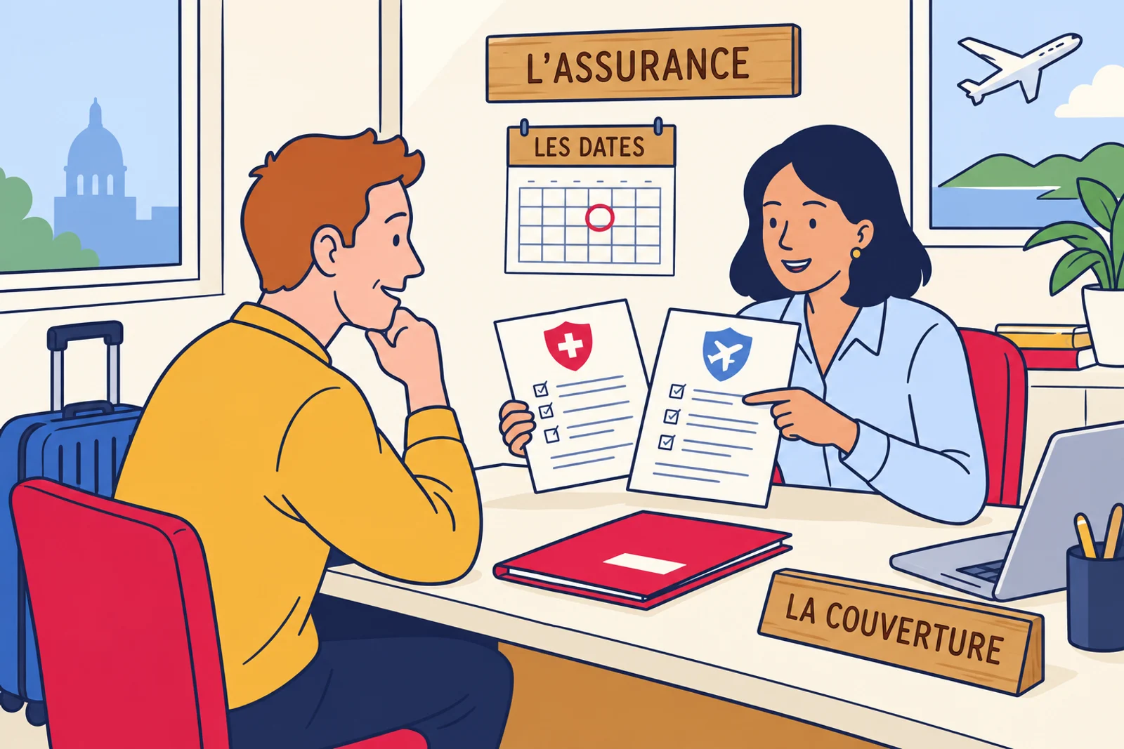 A traveller and insurance adviser compare certificates, coverage and dates at a desk.