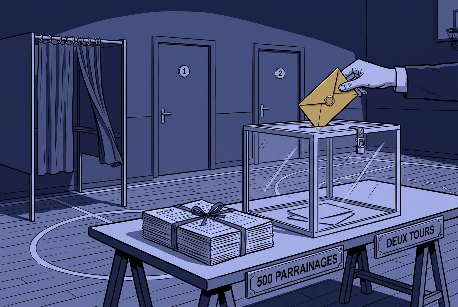 Navy illustration of a French polling station at night with a transparent ballot box, sponsorship forms and two doors for the two rounds of voting.