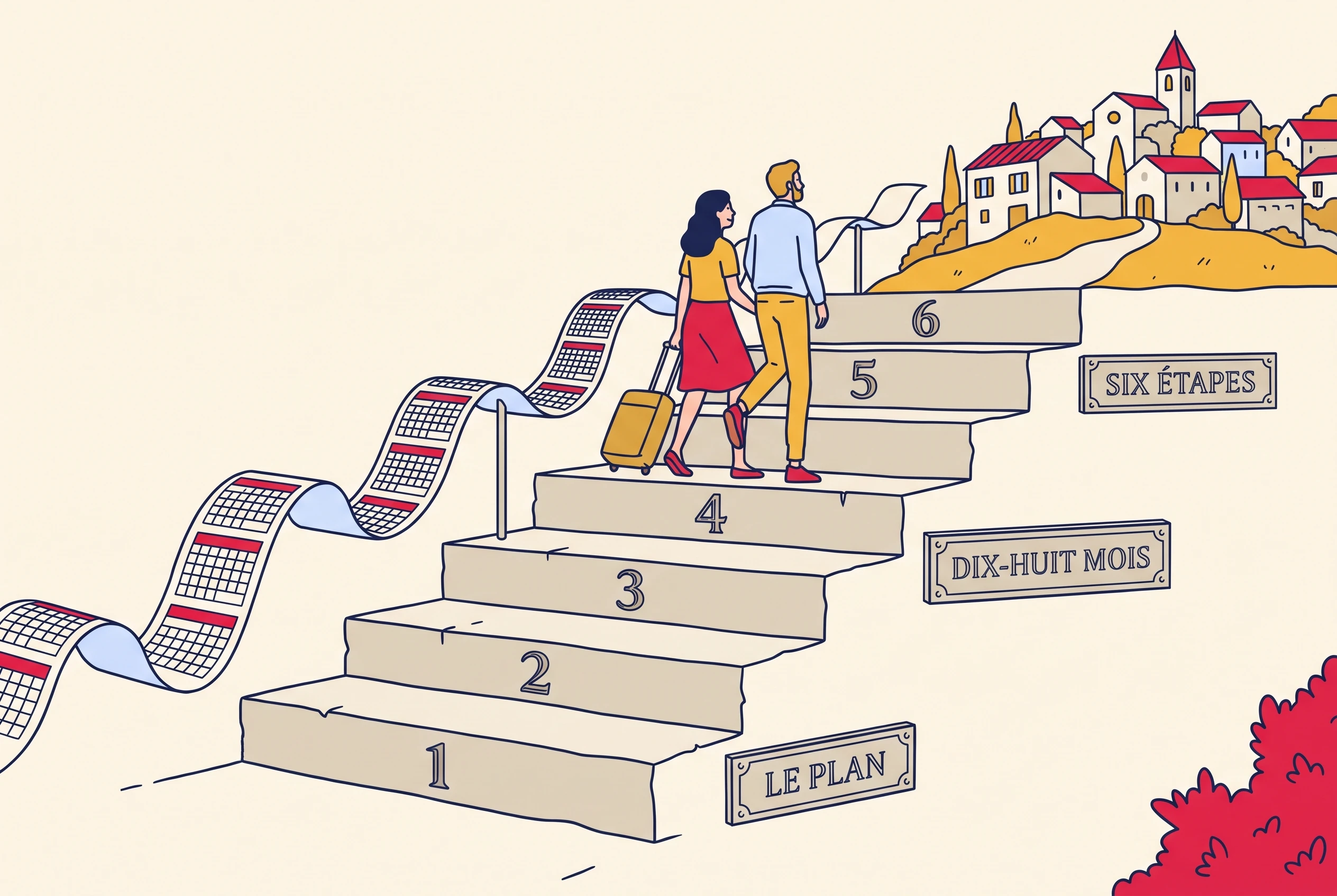 A couple climbing six numbered stone steps toward a French village, an eighteen-month calendar ribbon beside them.