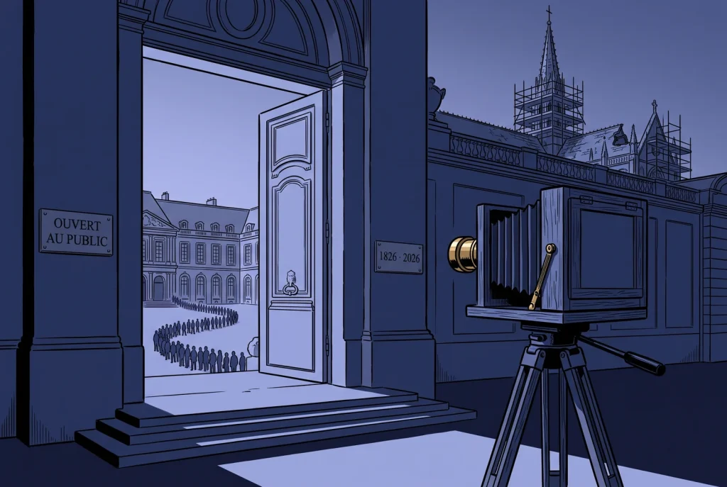 Navy illustration of a monumental palace door opening at dawn with a bellows camera on a tripod, French heritage days 2026 and the photography bicentenary.