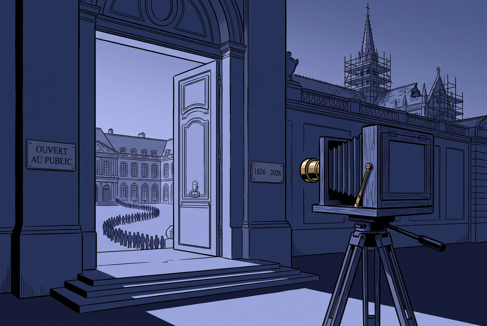 Navy illustration of a monumental palace door opening at dawn with a bellows camera on a tripod, French heritage days 2026 and the photography bicentenary.