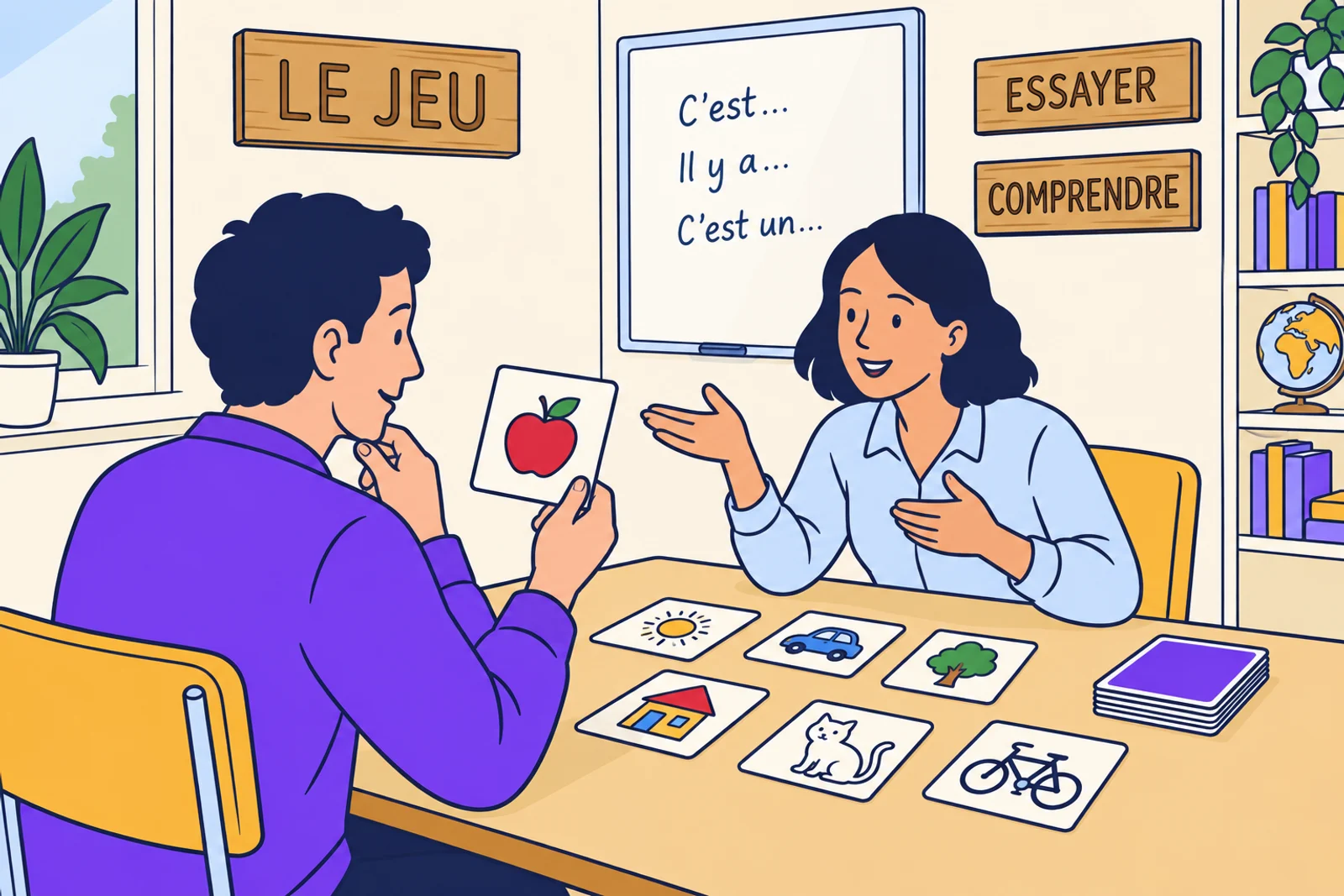 A learner chooses a response in a French language game with an encouraging partner.