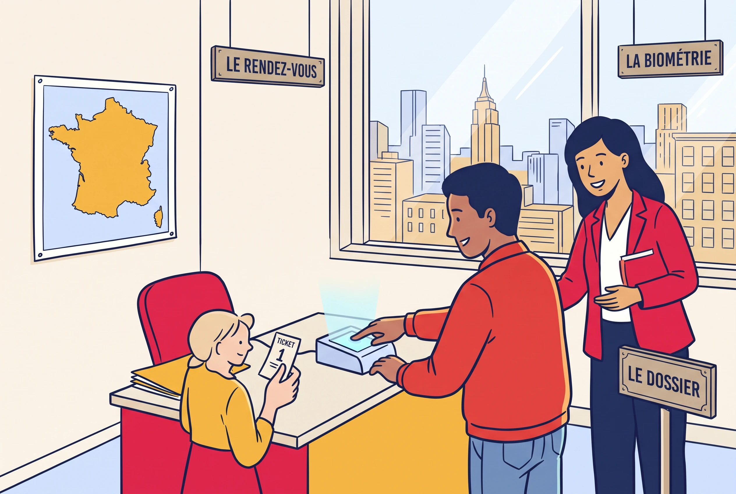 An applicant at a US visa application centre giving fingerprints at a biometrics desk, appointment ticket in hand.