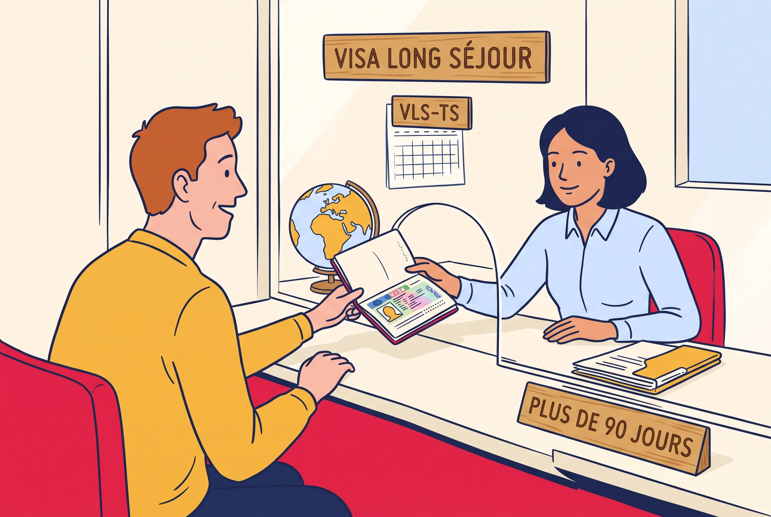 A consulate officer handing back a passport carrying a fresh French long-stay visa sticker.