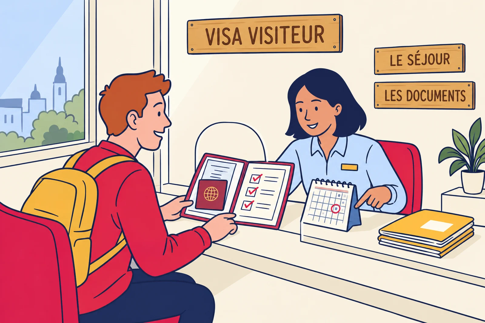 A traveller and adviser review a visitor visa file beside signs for the stay and documents.